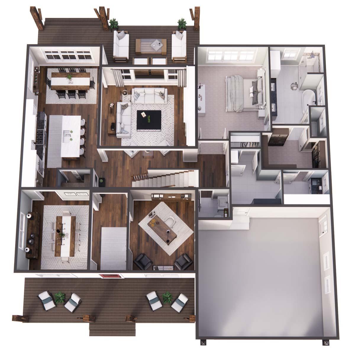A detailed, top-down view of a modern house plan, showcasing various rooms like a kitchen, living area, bedrooms, and an outdoor deck.