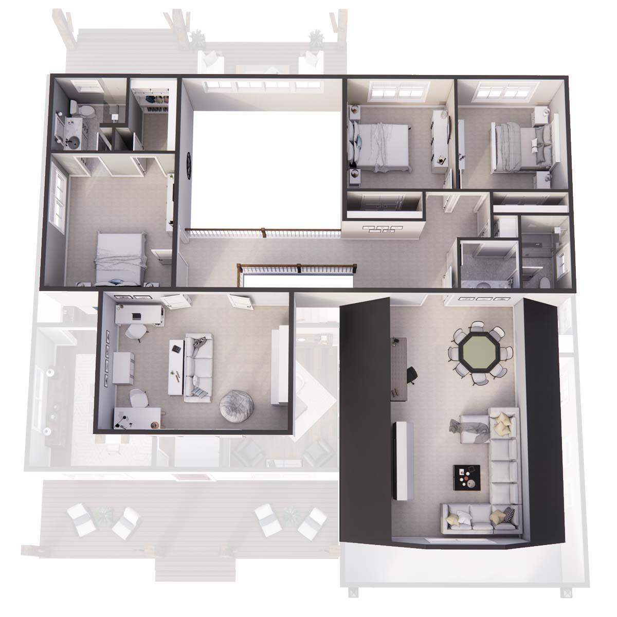 A bird's-eye view floor plan of a modern home, showing multiple rooms, including bedrooms, bathrooms, a living room, and a dining area.