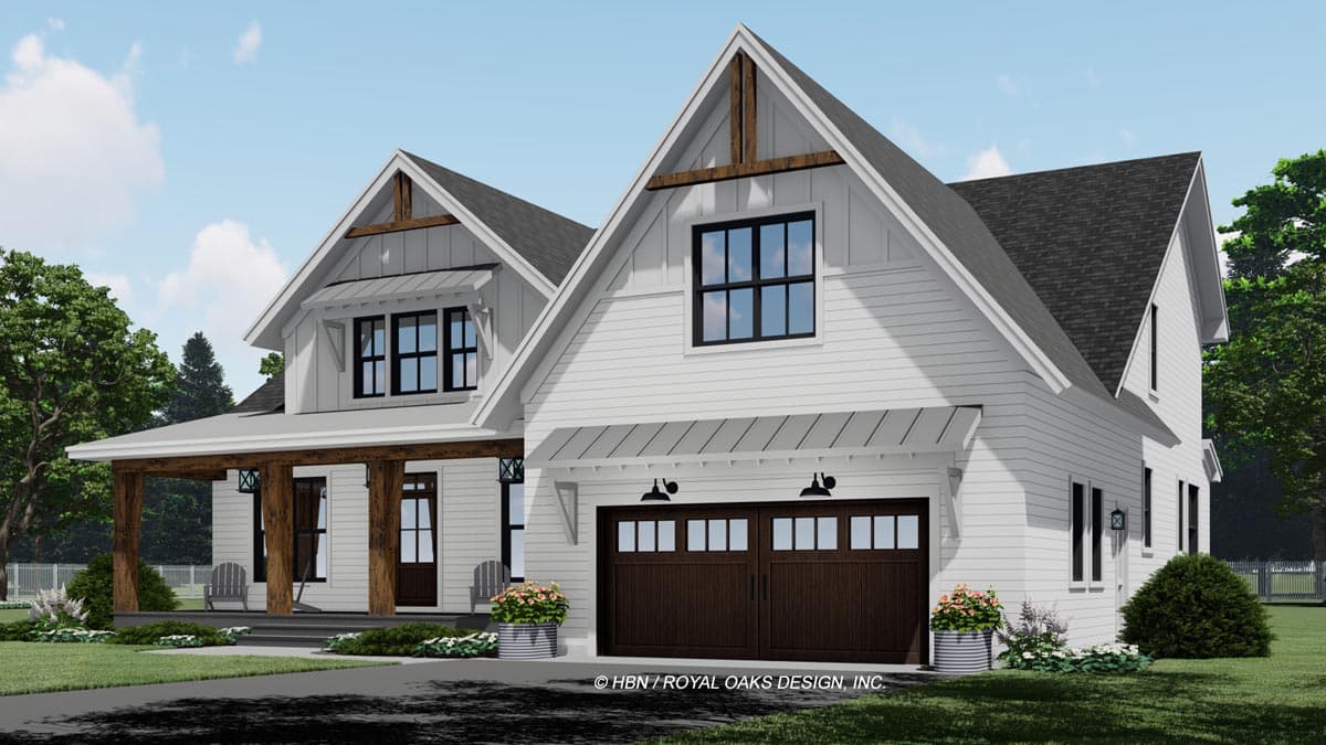 A white, two-story farmhouse with a covered porch and a brown garage door. The house has a dark roof and a landscaped yard.