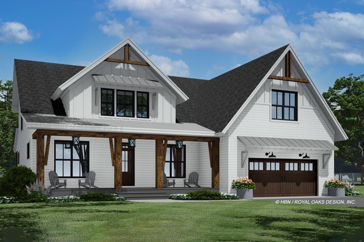 A modern farmhouse design with a white exterior, dark roof, and a large front porch. It features a two-car garage and landscaped yard.