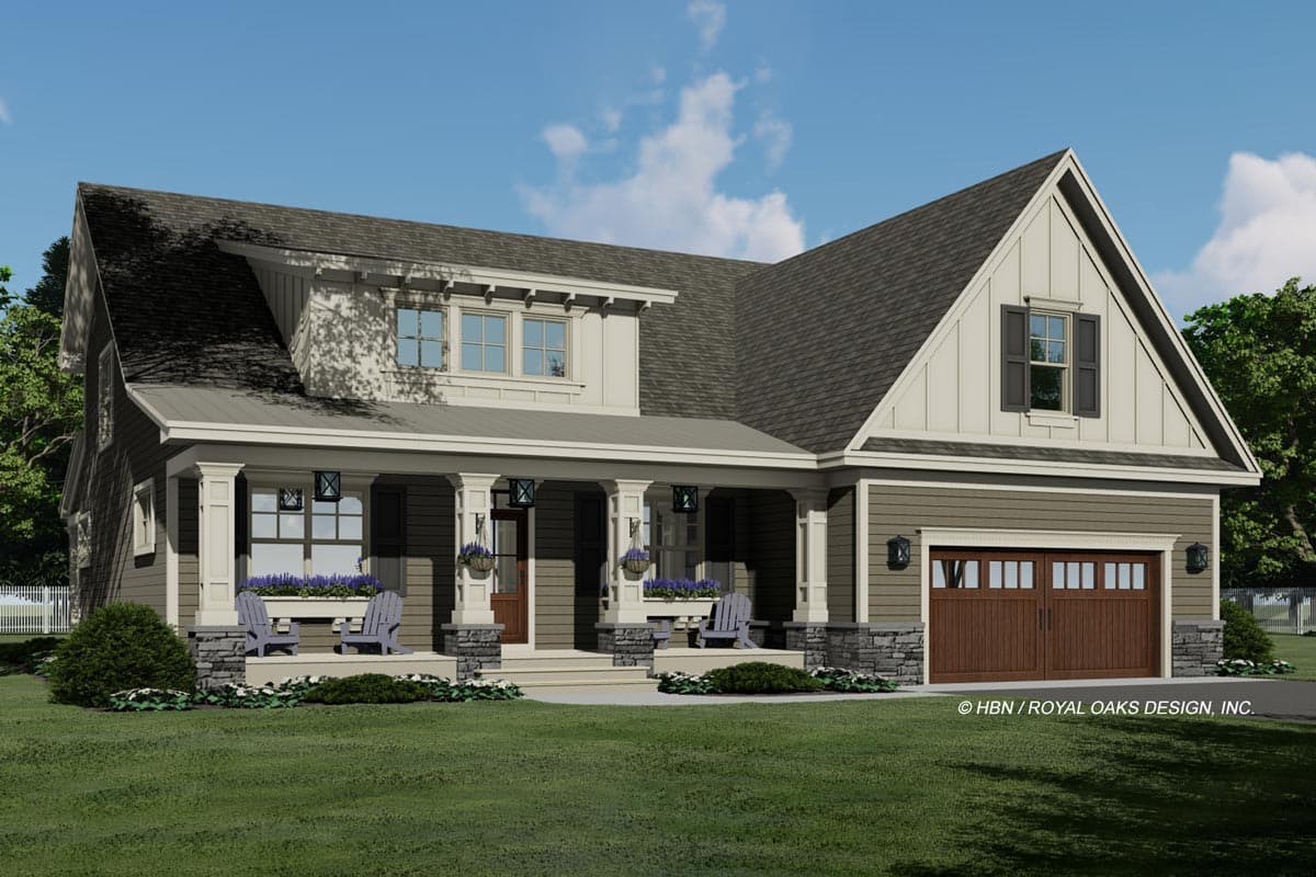 Modern Farmhouse house plan exterior with a covered porch, dormer, and two-car garage.