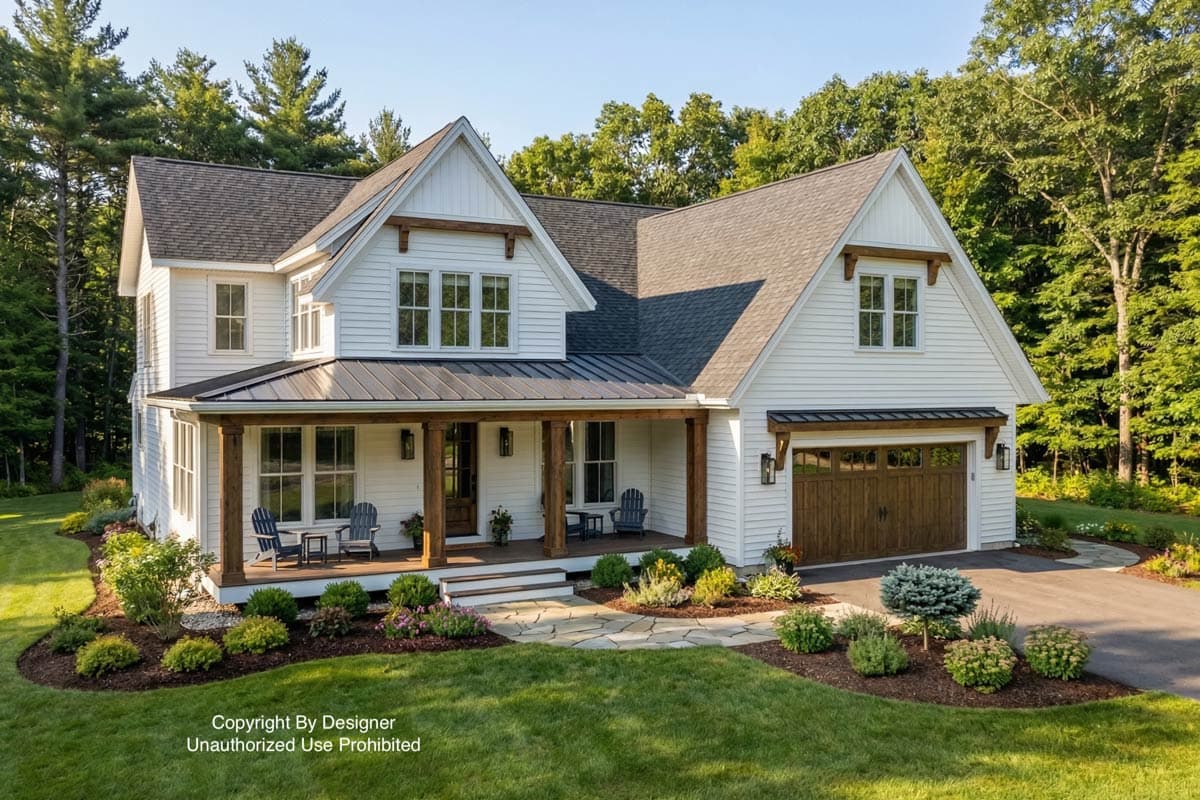 A white, farmhouse-style home with a front porch, wood accents, and a dark roof. Landscaping with lush green grass and flower beds leads to the house.