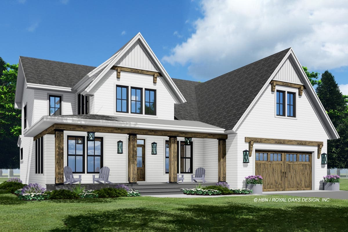 Modern Farmhouse two-story house plan exterior with wraparound porch, prominent gables, and a two-car side-entry garage.