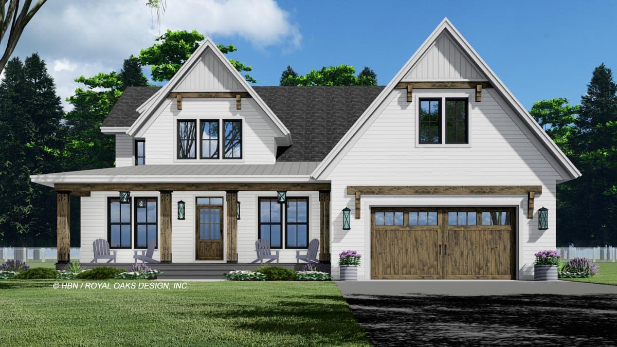 Modern Farmhouse house plan exterior with covered porch, gables, dormers, and a two-car garage.