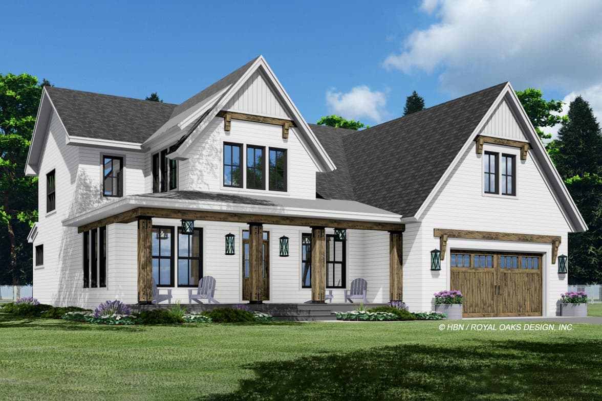 Modern Farmhouse two-story house plan exterior with wrap-around porch, gables, and attached two-car garage.