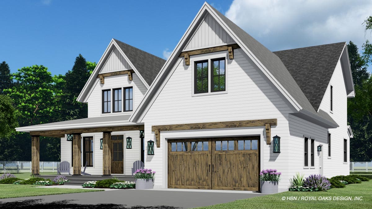 Modern Farmhouse house plan exterior with a covered porch, gables, exposed beams, and a two-car garage.