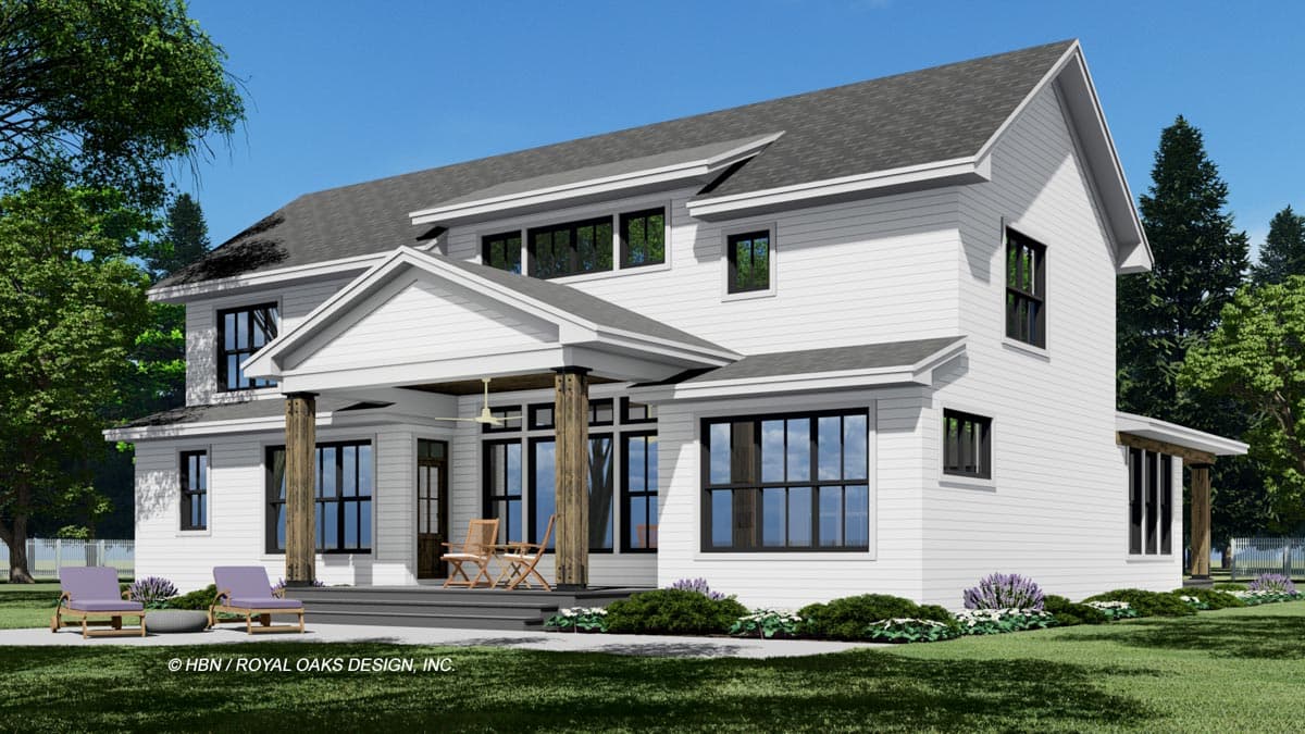 House plan exterior of a two-story home with a covered porch, gables, and wide windows.