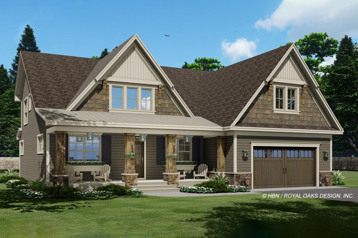 House plan exterior: Modern Farmhouse style, two stories, with a covered front porch, stone accents, gables, and a two-car garage.
