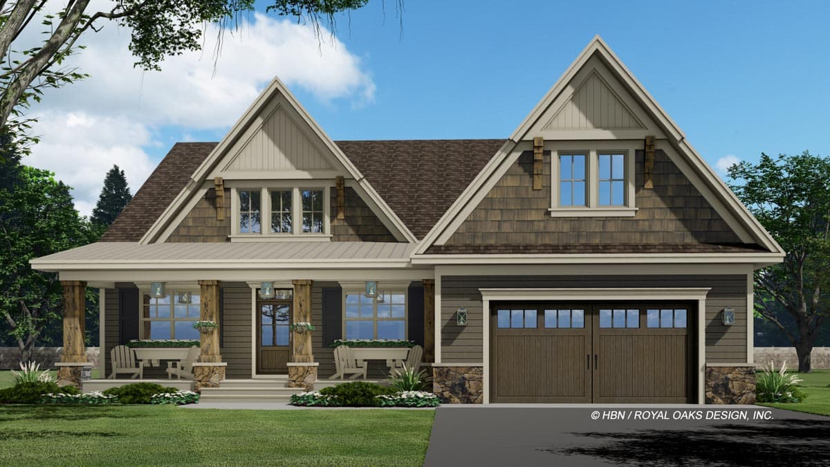 House plan exterior with a prominent covered porch, stone accents, dual gables, dormers, and a two-car garage.