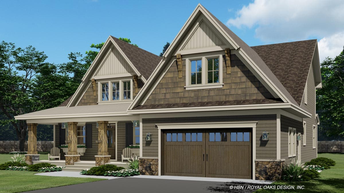 House plan exterior: Craftsman style, two stories, covered front porch with stone-clad columns, dormers, and a two-car garage.