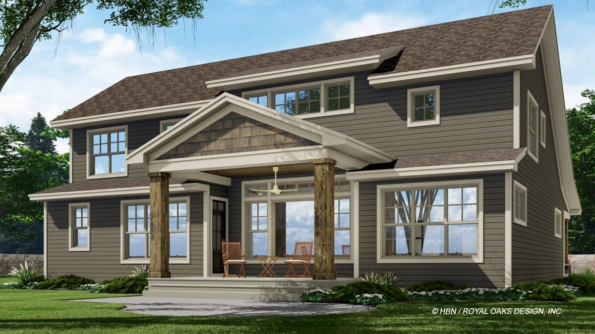 House plan exterior: Two-story contemporary home with a covered porch, gabled entrance, and multiple windows.