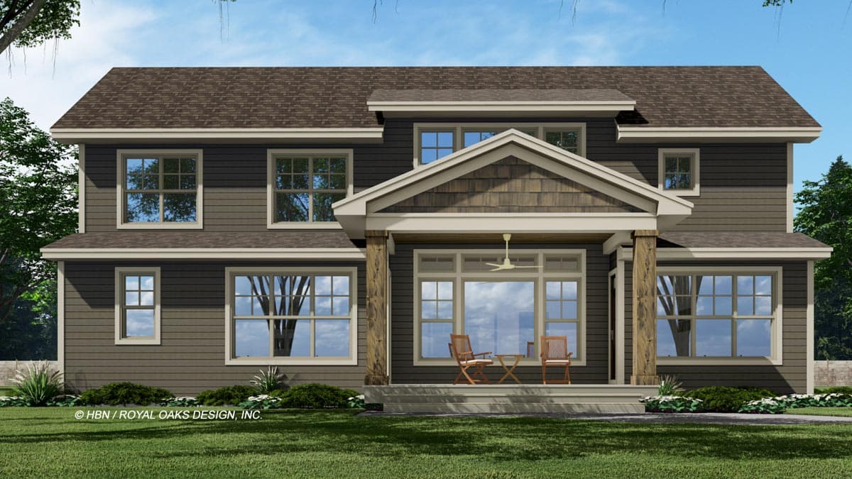 House plan exterior: Two-story home with a covered front porch, prominent gabled dormer, and dark siding.
