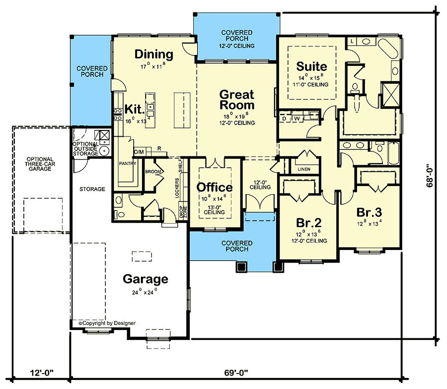 Plan 42702DB: 3-Bed New American Ranch Plan with Home Office - Floor Plan - Main Level - New American, Ranch, Southern, Traditional