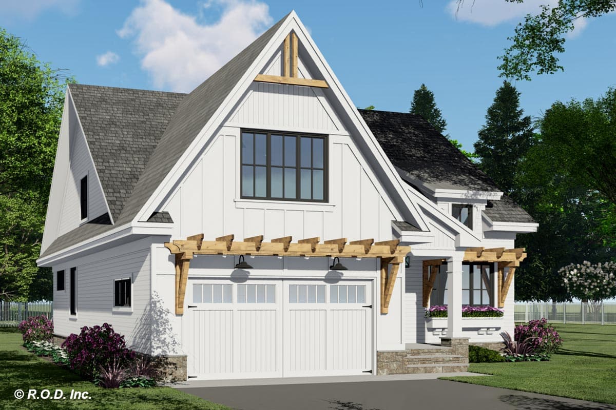 House plan exterior with Modern Farmhouse style, a prominent gable, board-and-batten siding, and a two-car garage with a pergola.