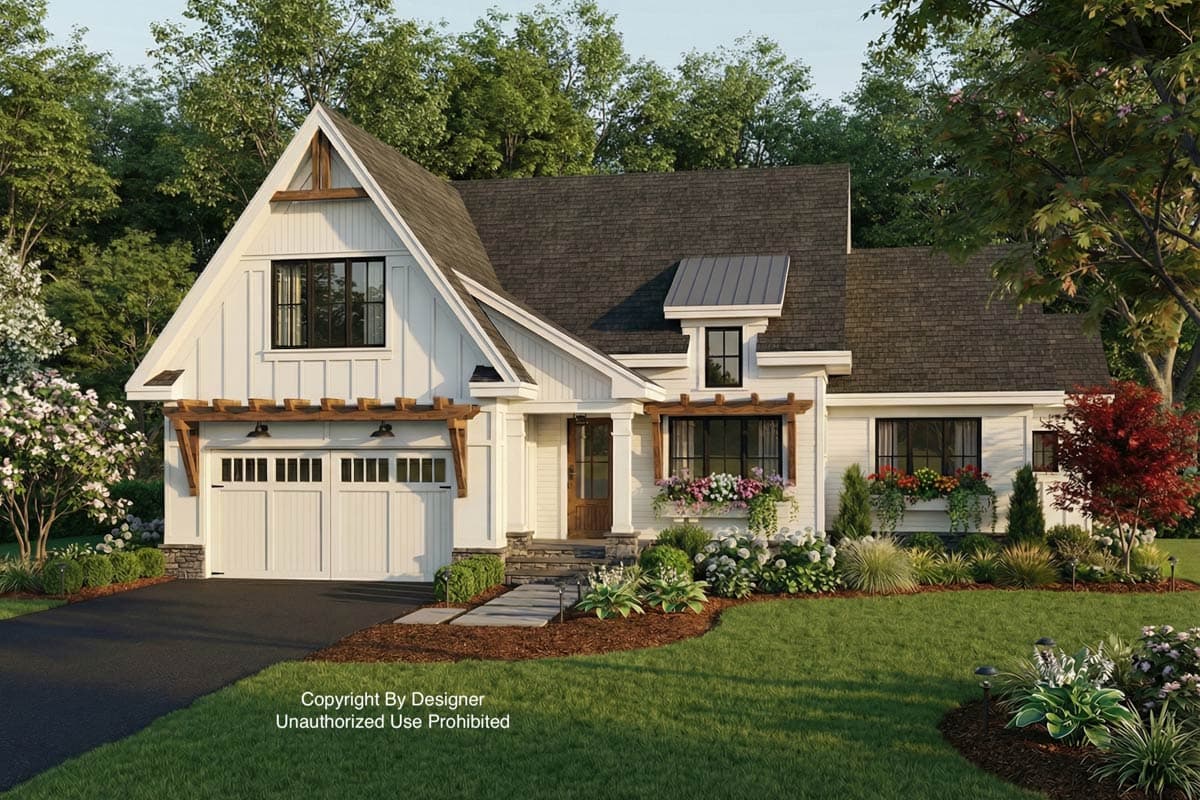 A white farmhouse-style home with a gabled roof, black trim, and a welcoming front porch. Landscaping includes green lawn and colorful flower beds.