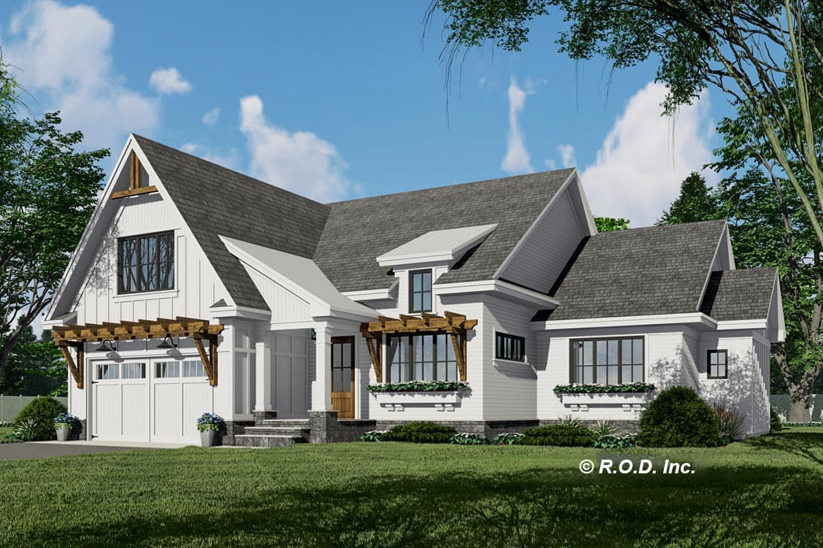 Modern Farmhouse house plan exterior with gables, dormer, two-car garage, and pergolas over garage and windows.