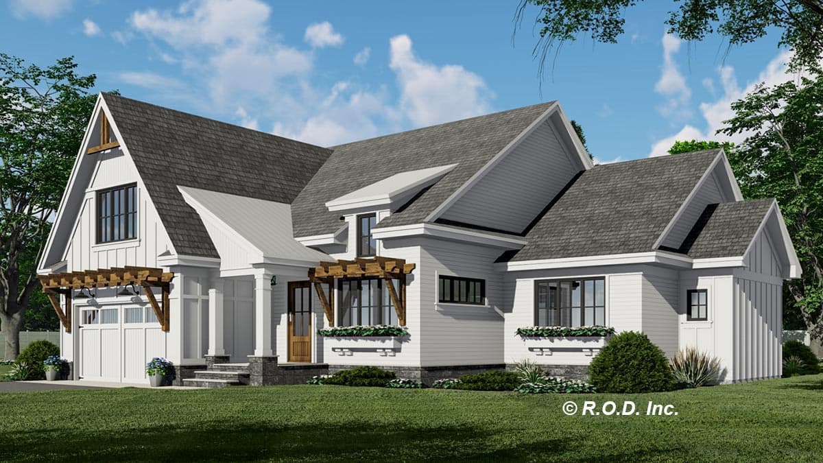 House plan exterior: Modern Farmhouse style, two stories, with a front-facing garage, gables, and pergolas over garage and entry.