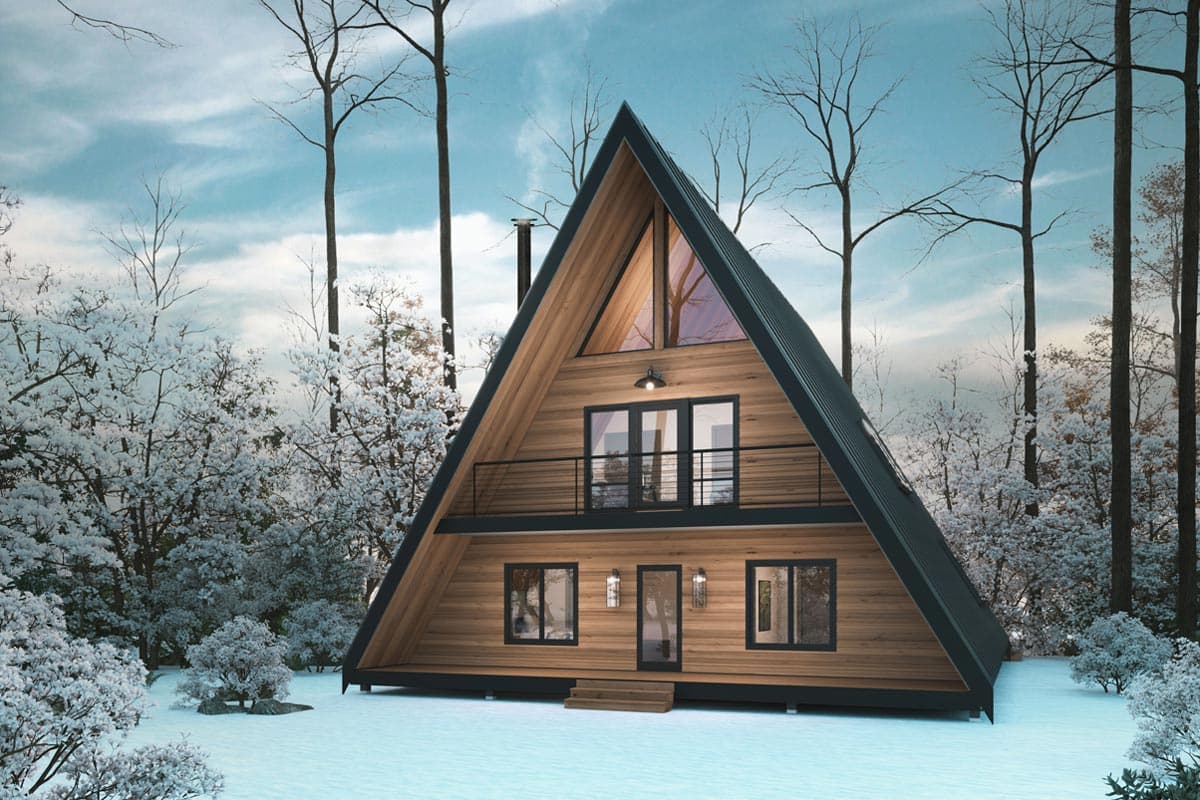 A-frame house plan exterior with wood siding, dark roof, balconies, and prominent triangular gables.