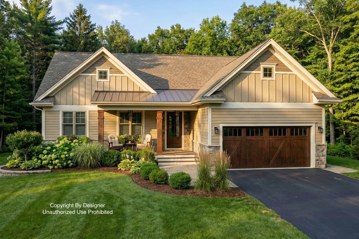 A beautiful two-story home with tan siding and a dark brown garage door is surrounded by lush green landscaping and trees under a clear sky.