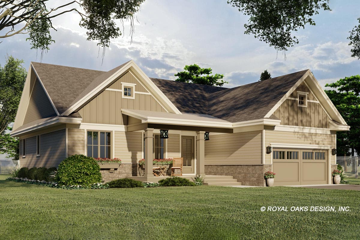 House plan exterior rendering of a one-story modern farmhouse with a covered front porch, gables, and a two-car garage.