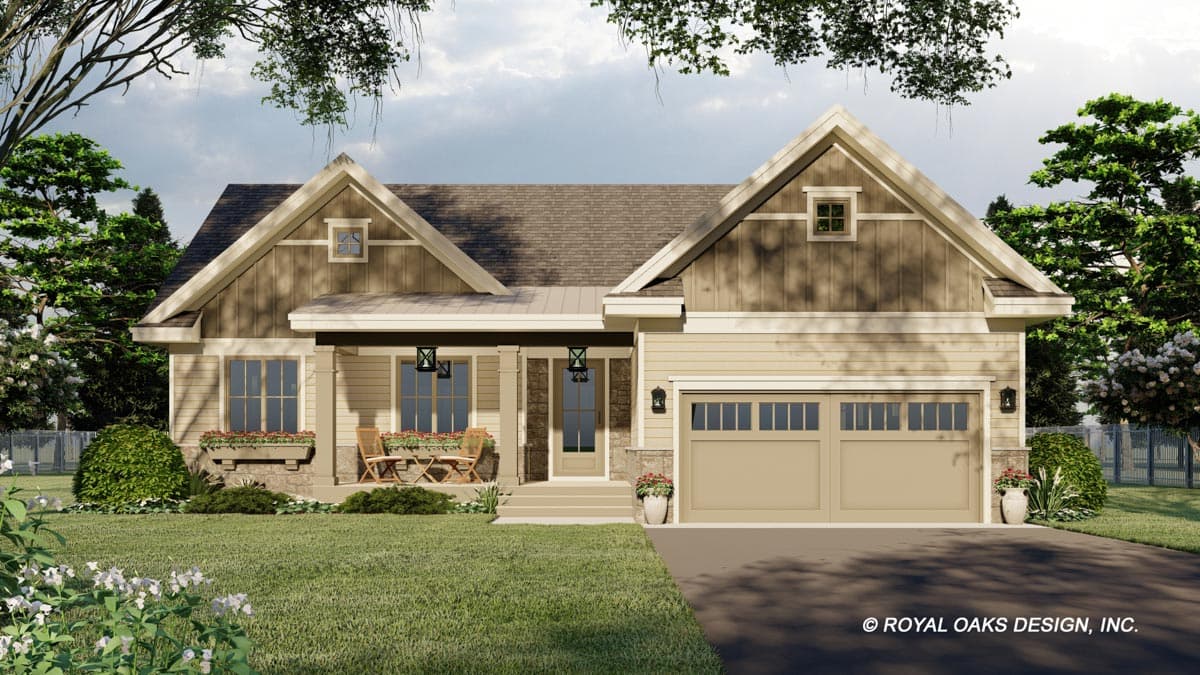 House plan exterior: One-story Modern Farmhouse with prominent gables, covered front porch, and a double garage.