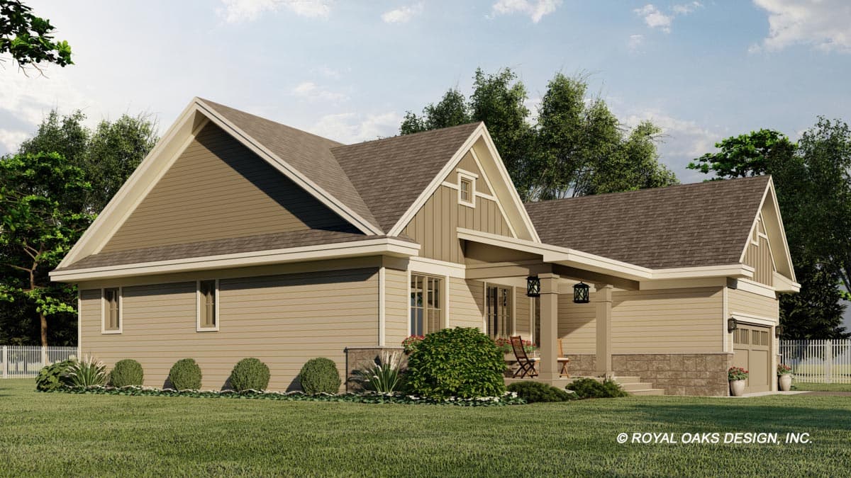 House plan exterior: Craftsman style, one story, with gabled dormers, covered porch, and attached garage.