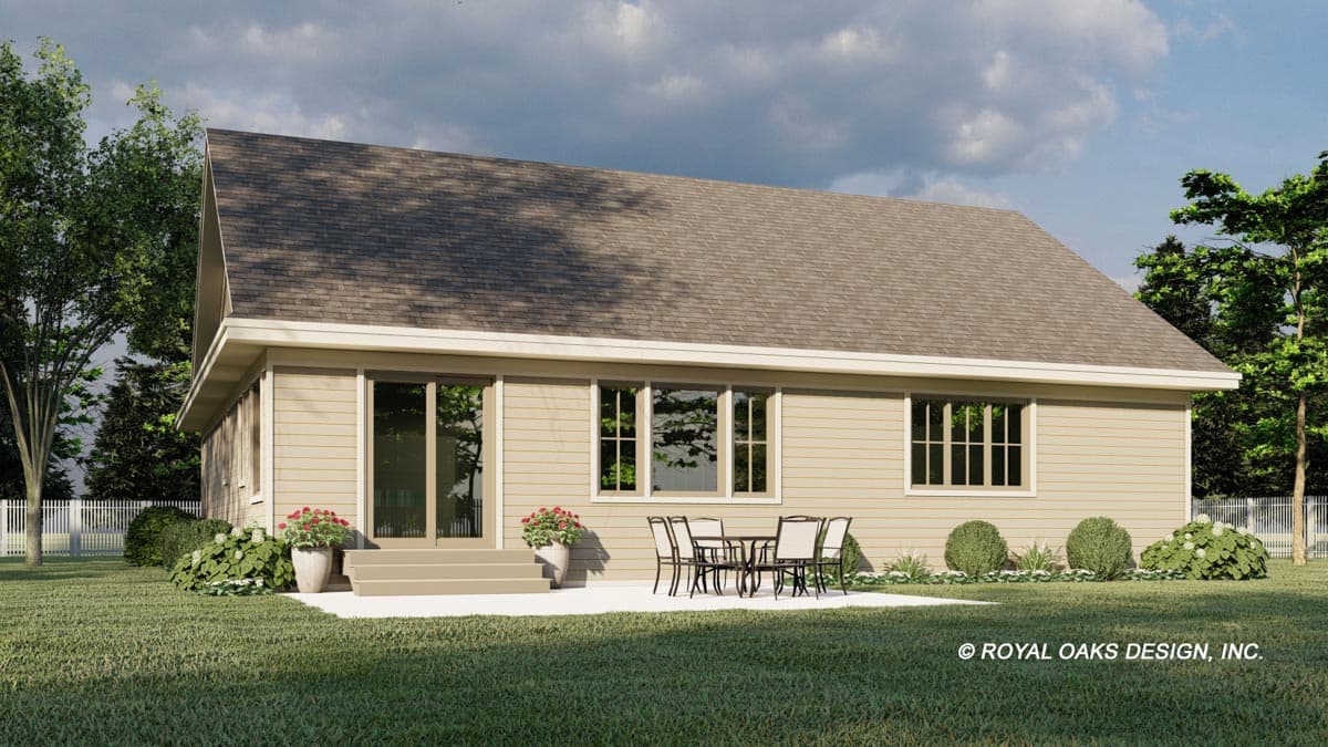 House plan exterior: Ranch style, one story, with a prominent gable roofline, patio doors, and multiple windows.