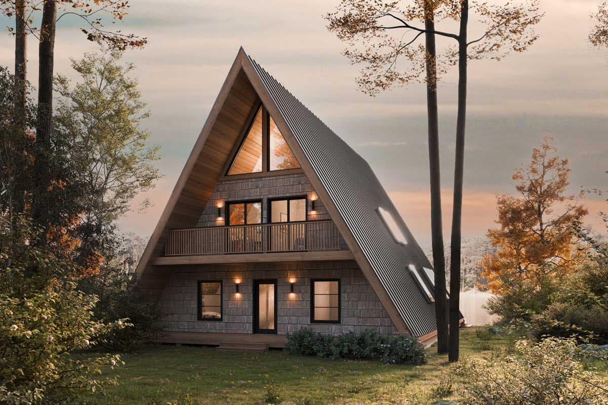 A-frame house plan exterior with two stories, a balcony, large gable window, and sloped metal roof.