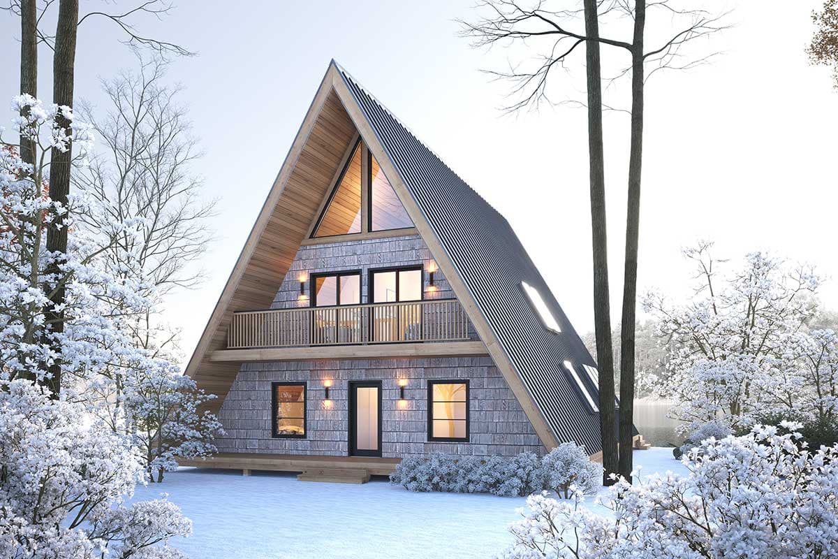 A-frame house plan exterior with a steep corrugated metal roof, wood siding, balcony, and prominent triangular window.