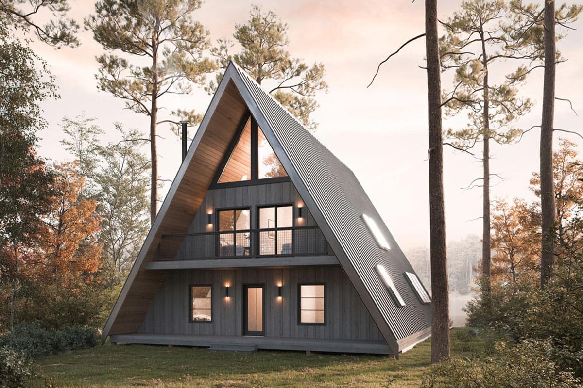 House plan exterior. A-frame design with two stories, featuring a prominent roofline, a balcony, and dormer windows.