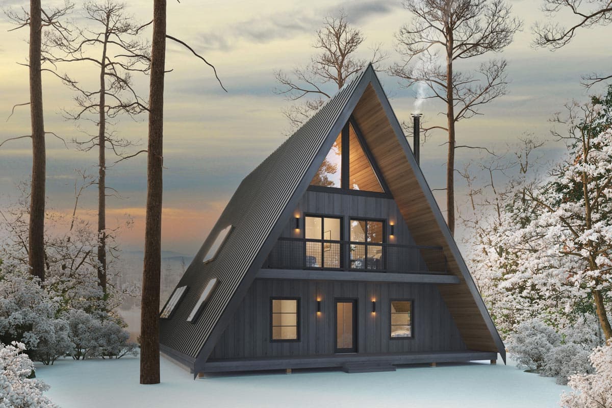 House plan exterior: Modern A-frame with two stories, metal roof, large front windows, and a second-story balcony.