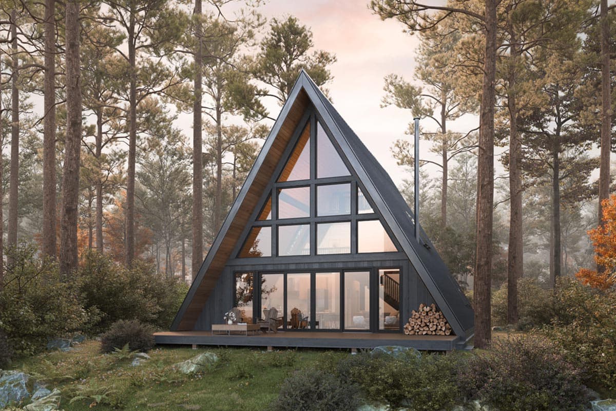 A-frame house plan exterior with dark siding, large upper and lower glass facades, and a wooden deck.