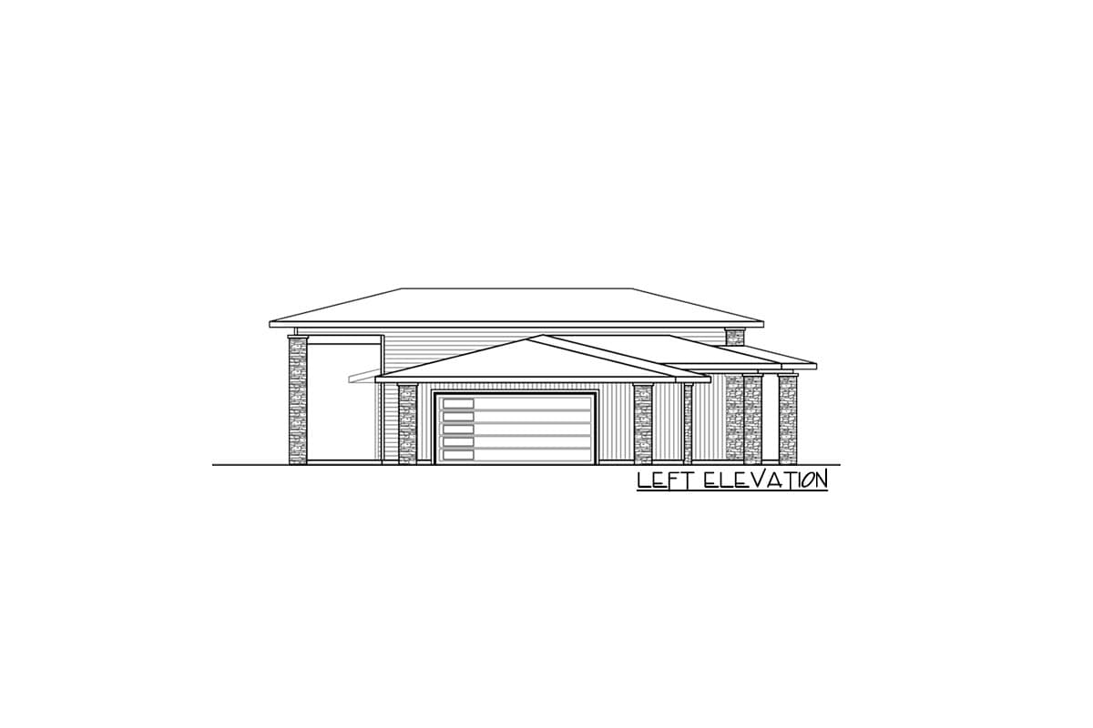 Left elevation of a two-story house plan featuring a pitched roof, horizontal siding, stone-clad pillars, and a two-car garage.