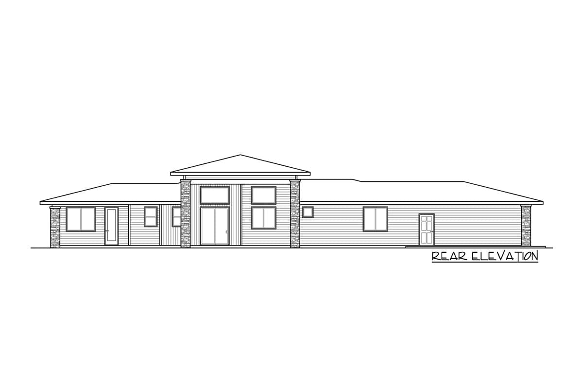 Rear elevation house plan showing a single-story home with a prominent central entrance and multiple windows.