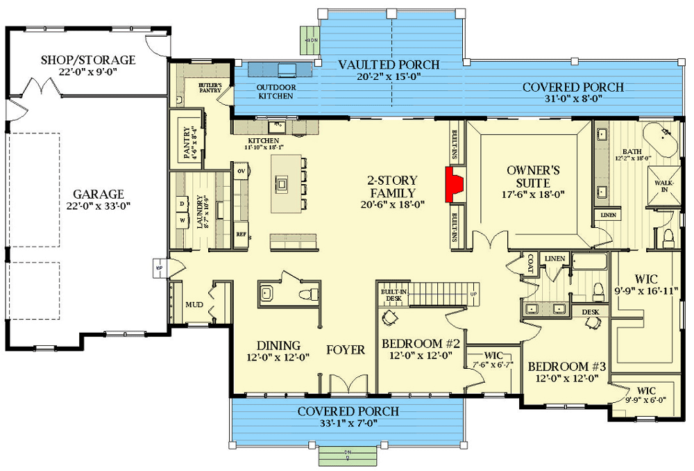 Plan 46456LA: Exclusive Modern Farmhouse Plan with Great Symmetry - Floor Plan - Main Level - Country, Farmhouse, Modern Farmhouse, New American