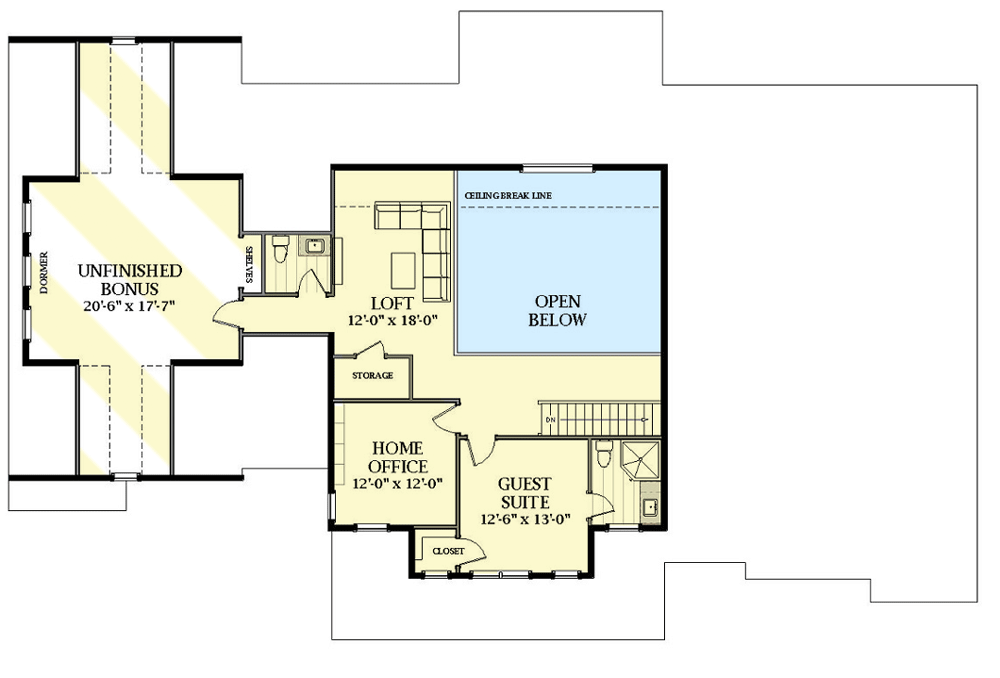 Plan 46456LA: Exclusive Modern Farmhouse Plan with Great Symmetry - Floor Plan - 2nd Level with Bonus Room - Country, Farmhouse, Modern Farmhouse, New American