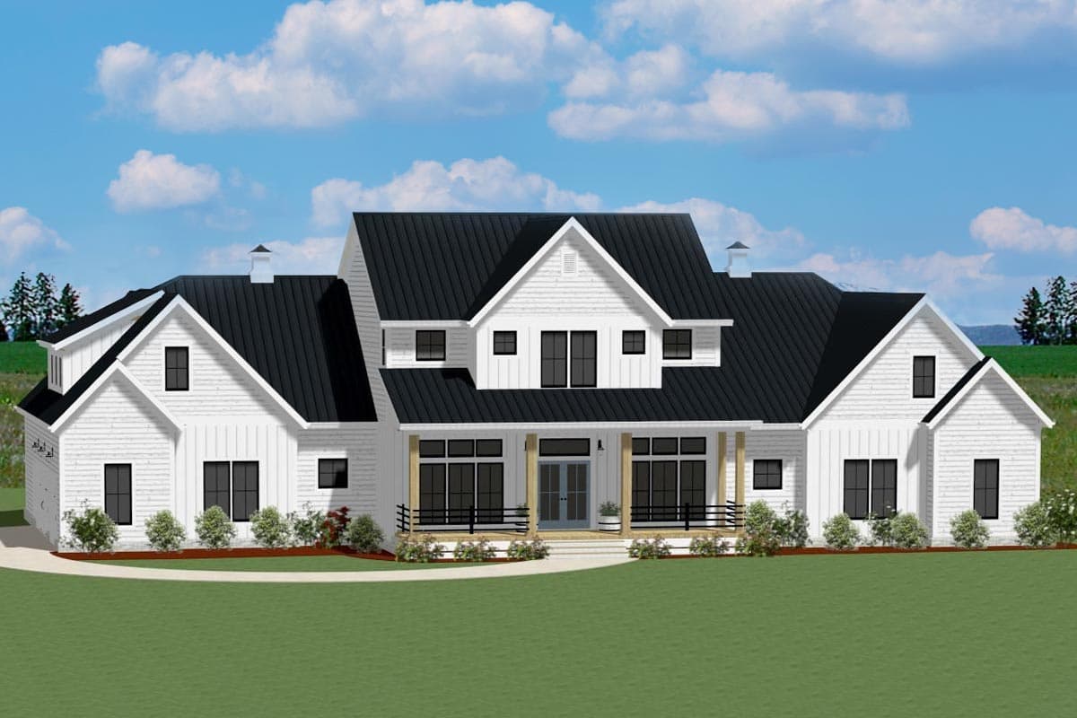 House plan exterior. Two-story Modern Farmhouse with a front porch, multiple gables, and a dark metal roof. Features a garage on the left.