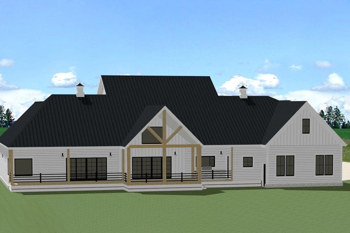 House plan exterior: Modern Farmhouse style, one story, with metal roof, gables, and covered porch with exposed beams.