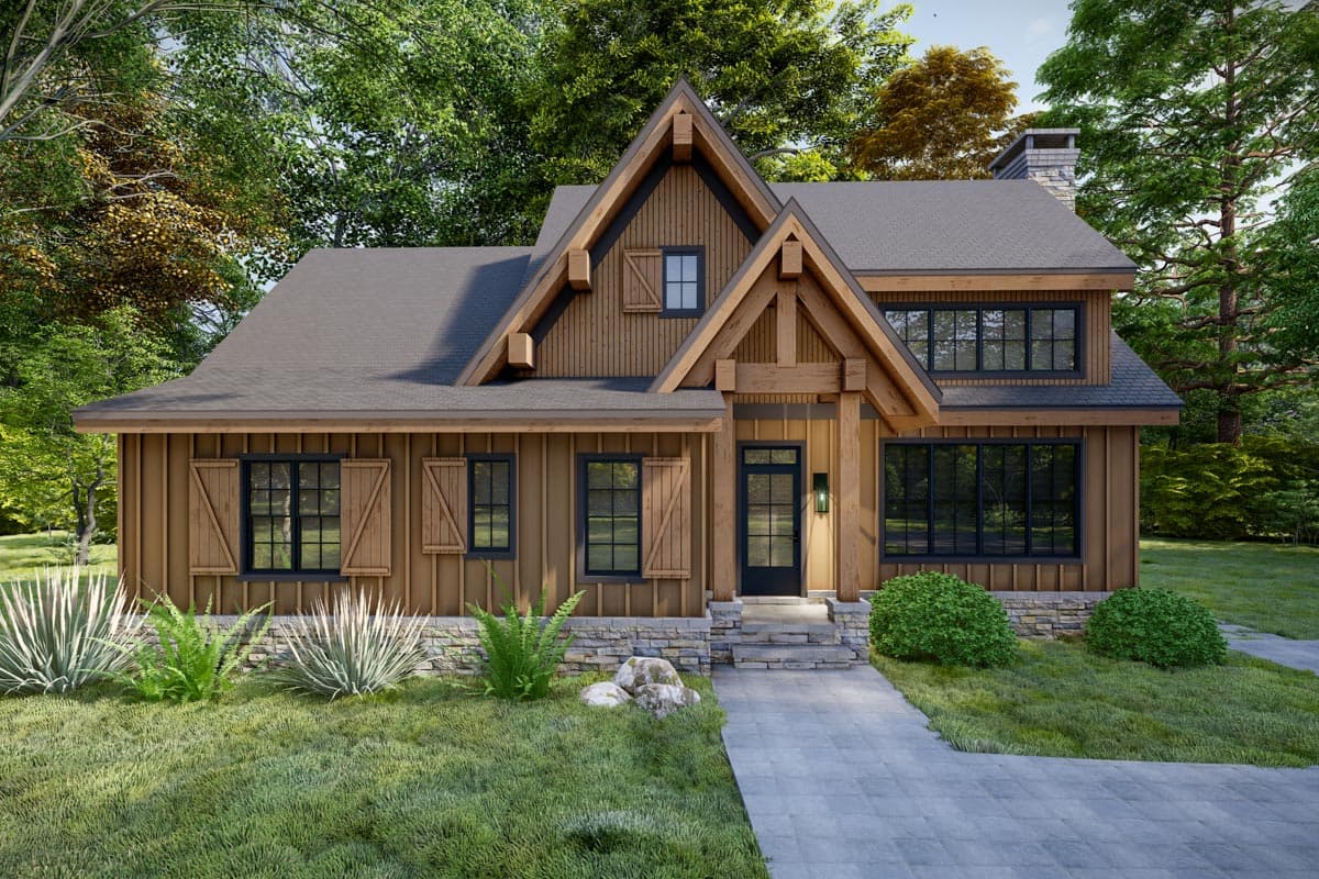 House plan exterior: Timber frame accents, gables, and board-and-batten siding define this two-story design.