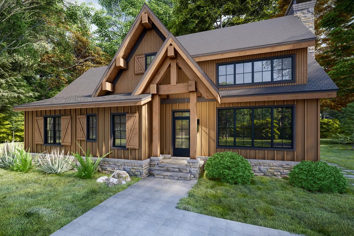 House plan exterior: A-frame style, two stories, with exposed timber accents, stone foundation, and large grid windows.