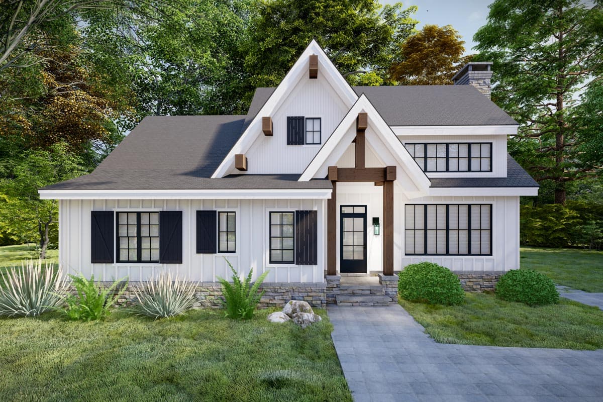 House plan exterior. Two-story Modern Farmhouse with gables, dark shutters, and a covered front entry porch with timber accents.