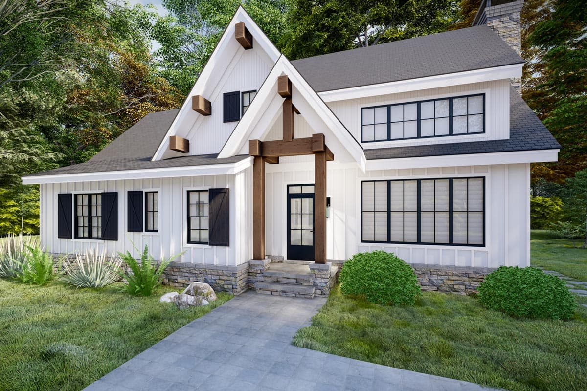 Modern Farmhouse house plan exterior: two stories, white board-and-batten siding, prominent gables, stone foundation, dark-framed windows.