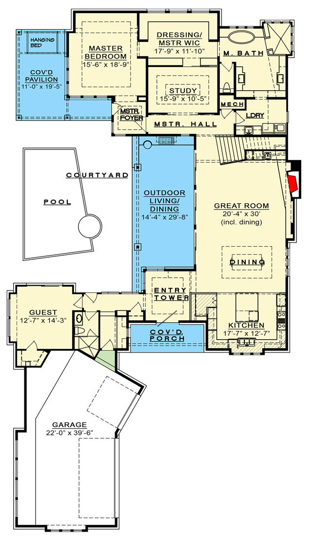 Plan 333000JHB: Neo-Prairie Style C-Shaped Home Plan with Whimsical Deck Off the Loft - Floor Plan - Main Level - Contemporary, Mid Century Modern, Prairie