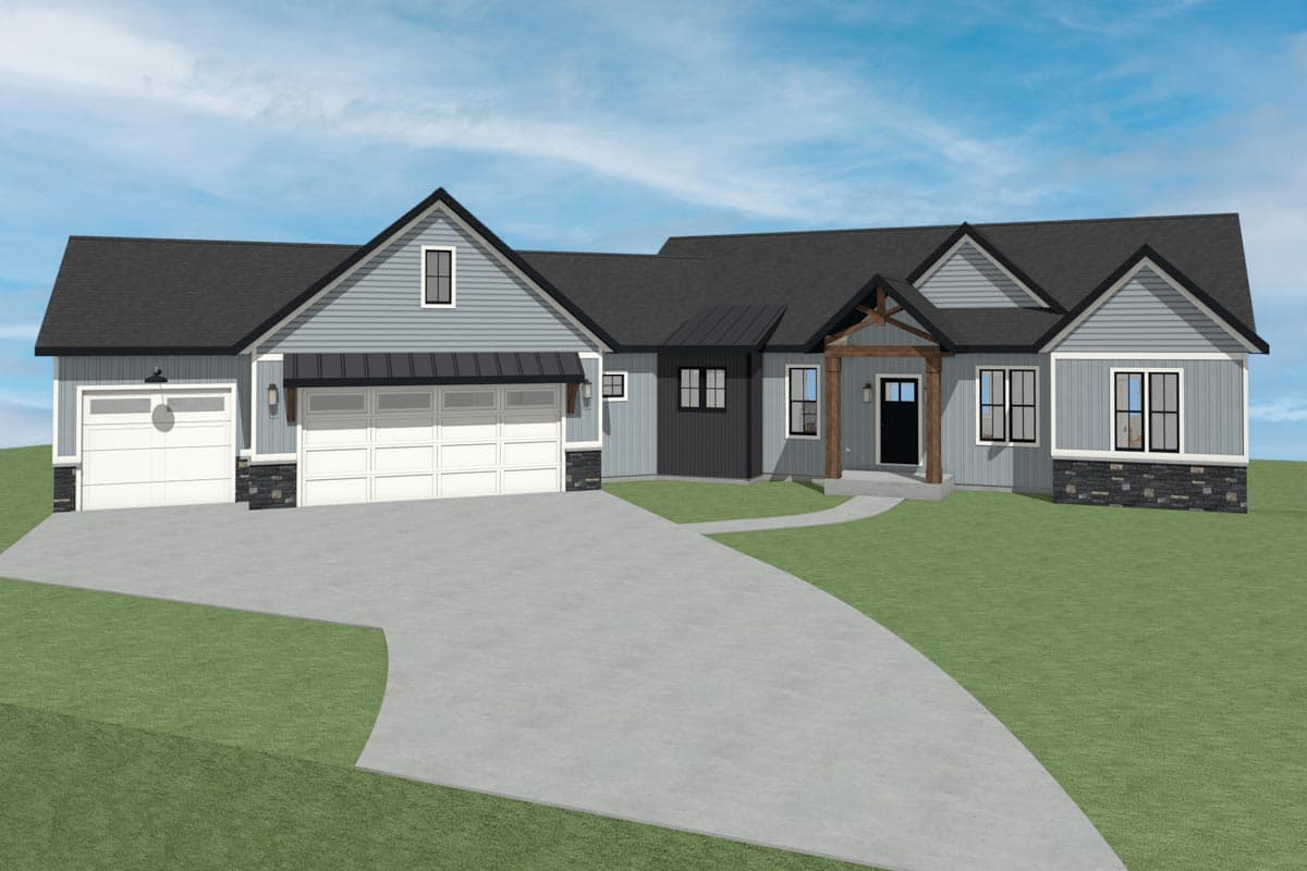 Modern Farmhouse house plan exterior with 3-car garage, prominent gables, covered entry with timber accents, and stone accents.