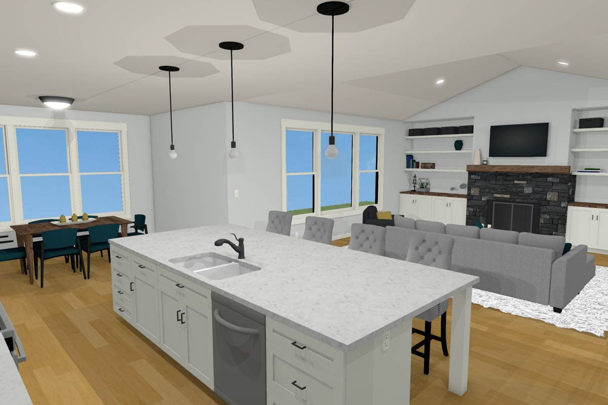 Interior rendering of a kitchen with island, dining area, and living room featuring stone fireplace and built-in shelving.