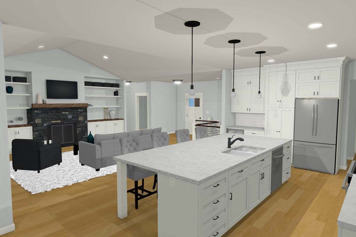 Open concept living area with vaulted ceiling, stone fireplace, large kitchen island with sink, and stainless steel appliances.