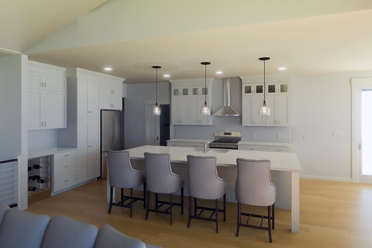 Interior rendering of a modern kitchen with a large island, white cabinetry, stainless steel appliances, and pendant lighting.