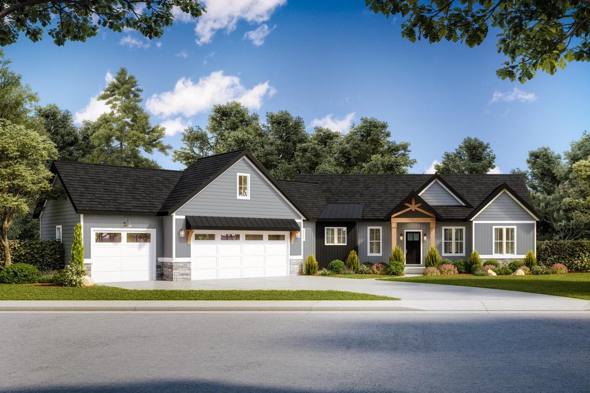 House plan exterior featuring a one-story, Craftsman-style home with gabled roof, two-car garage, and front porch with exposed timber supports.
