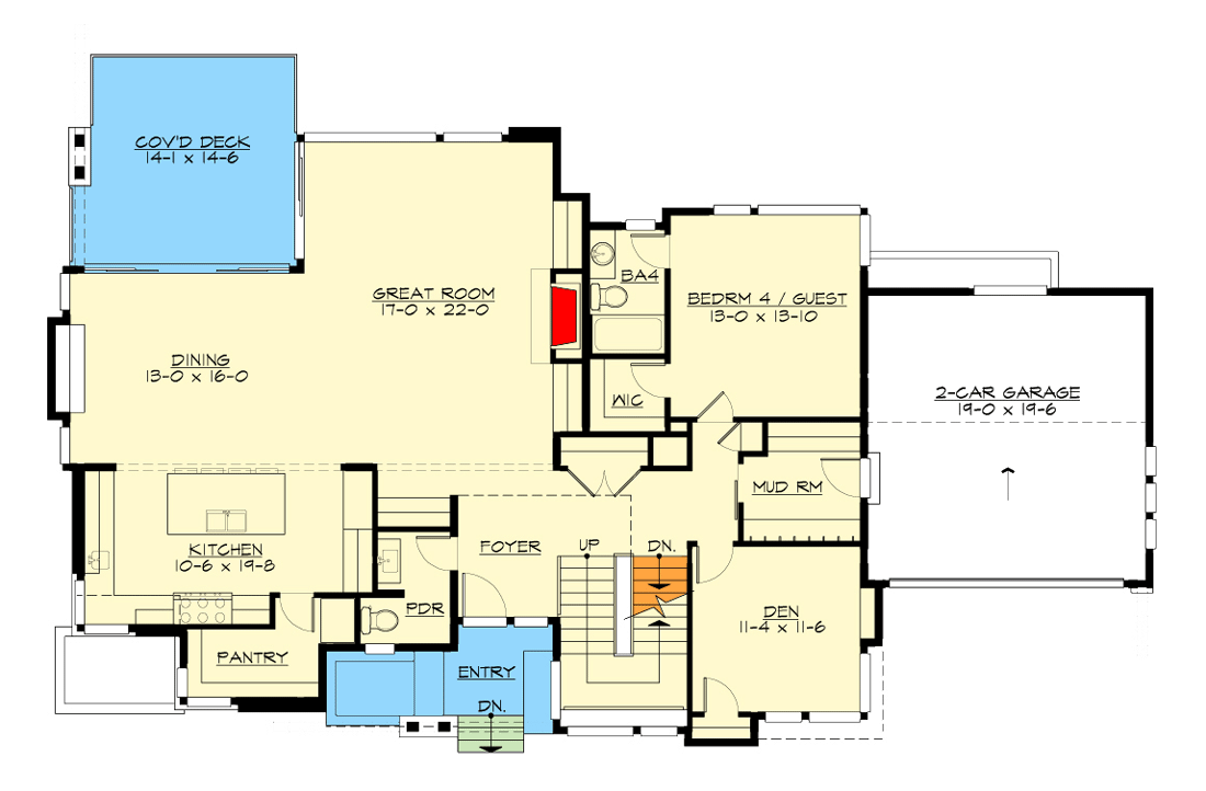 Plan 23913JD: Two-story Mid-Century Modern House Plan with Main-level Den and Guest Suite - Floor Plan - Main Level - Contemporary, Modern, Northwest