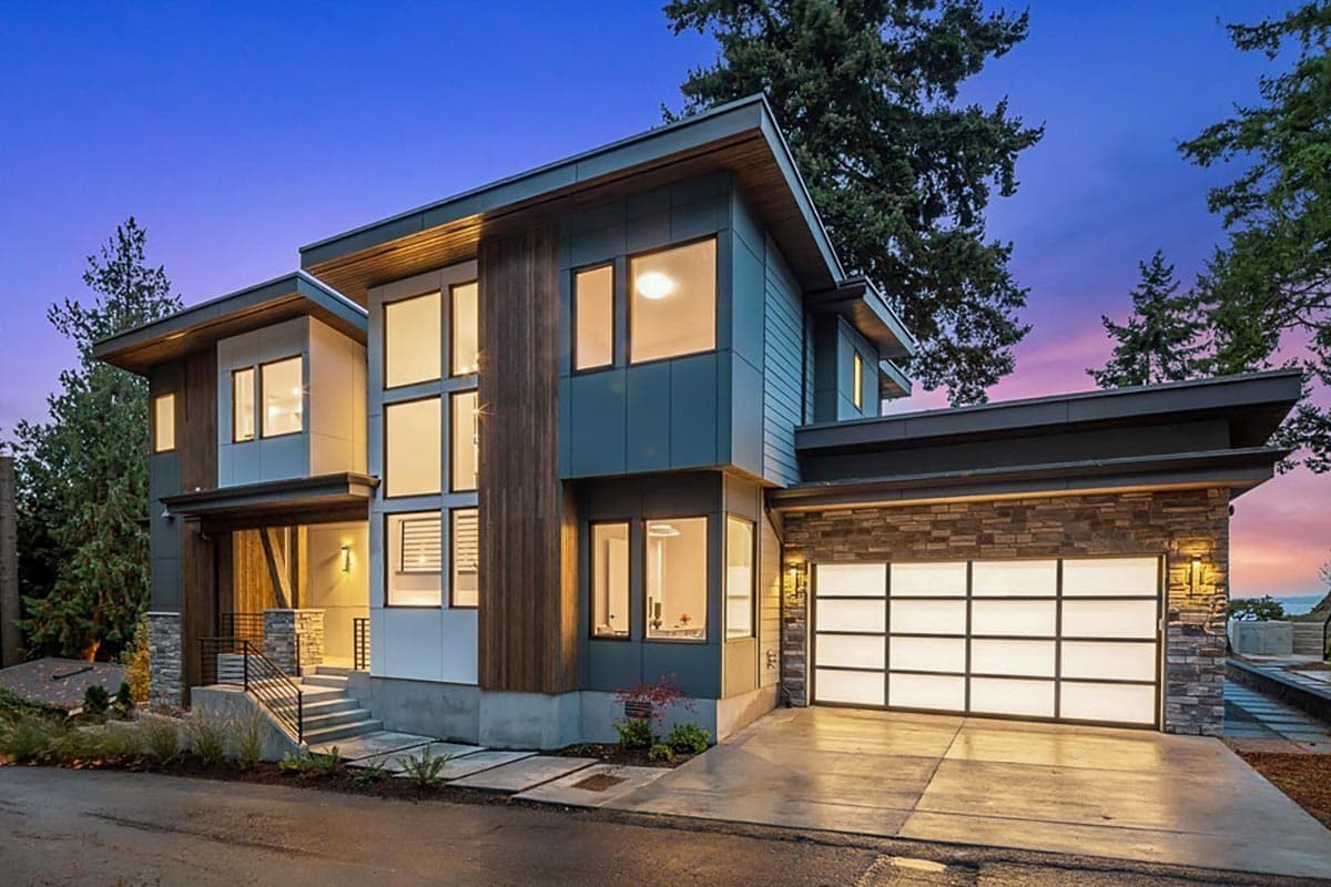 Modern house plan exterior with two stories, flat roof, wood paneling, floor-to-ceiling windows, and a garage with stone facade.